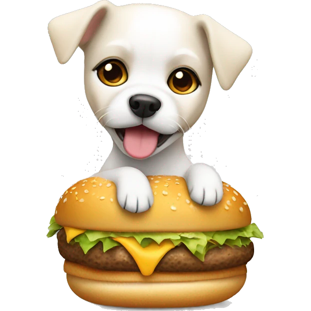 A white small dog in a cheetah outfit with burger  emoji