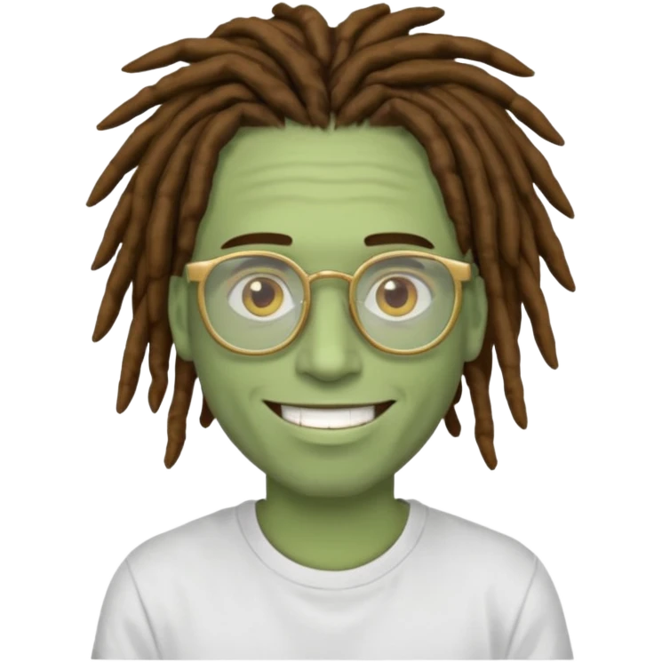 man with brown dreads white tee golden eyes light green skin glasses and white smile emoji