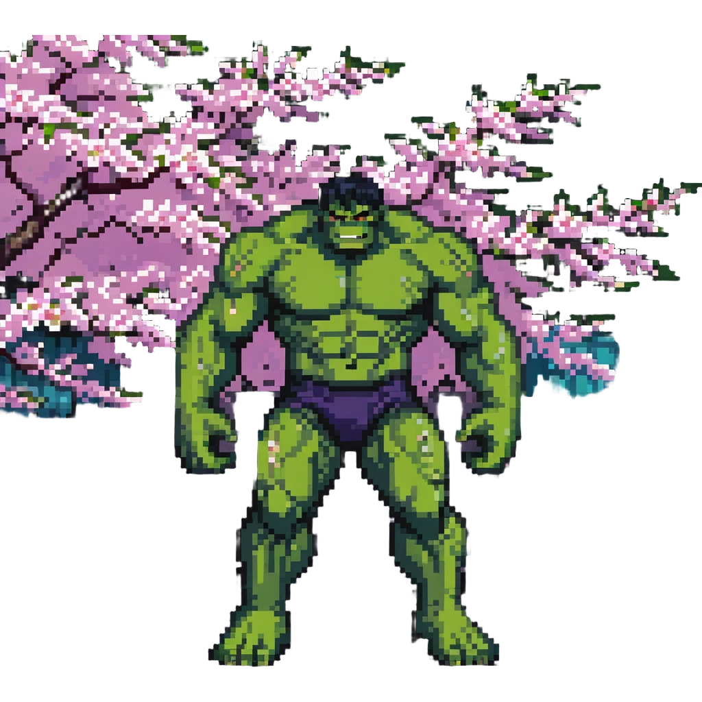 the Hulk standing in a Japanese city with cherry blossoms and neon signs emoji
