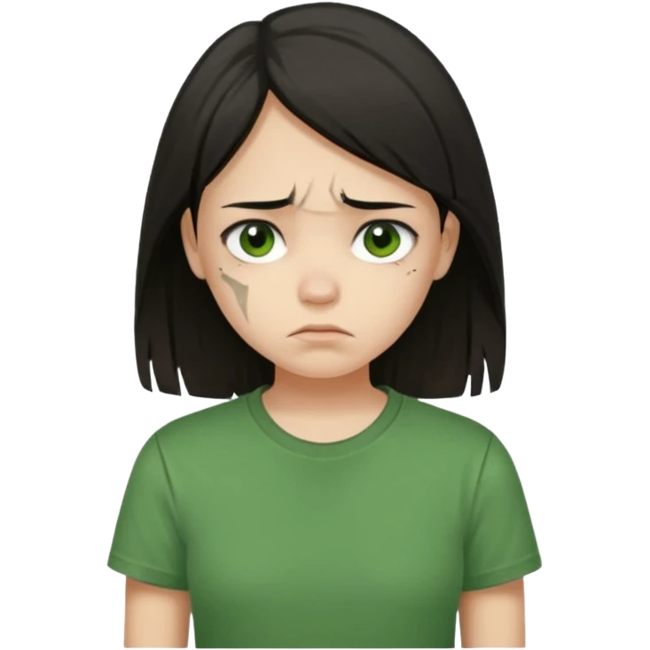 Young girl with straight, dark hair, damaged and unattractive, wearing a green T-shirt, with a sad and subdued expression. emoji