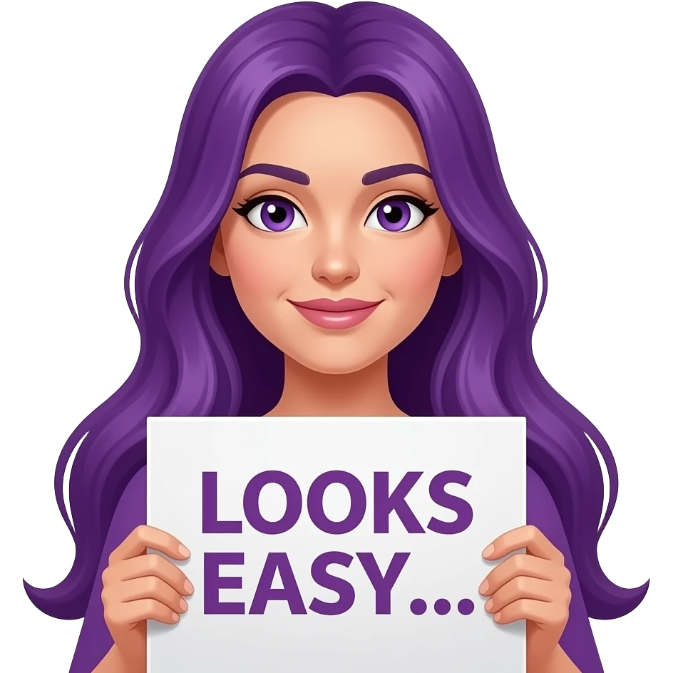 sexy girl with long purple hair and purple eyes holding a LOOKS EASY... sign emoji