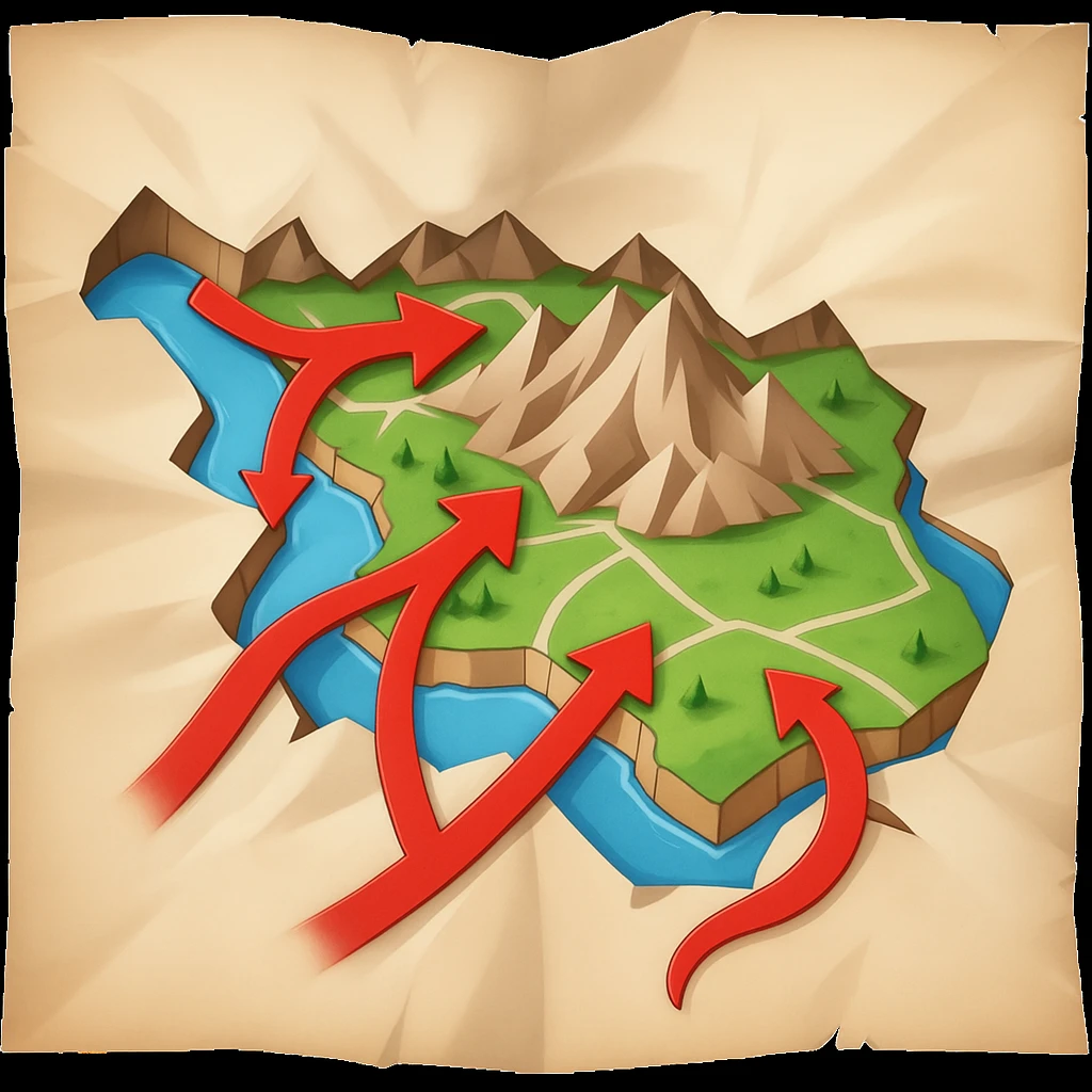 Add bold red arrows to the map, indicating an upcoming offensive attack strategy. Keep the emoji style and all original details. emoji