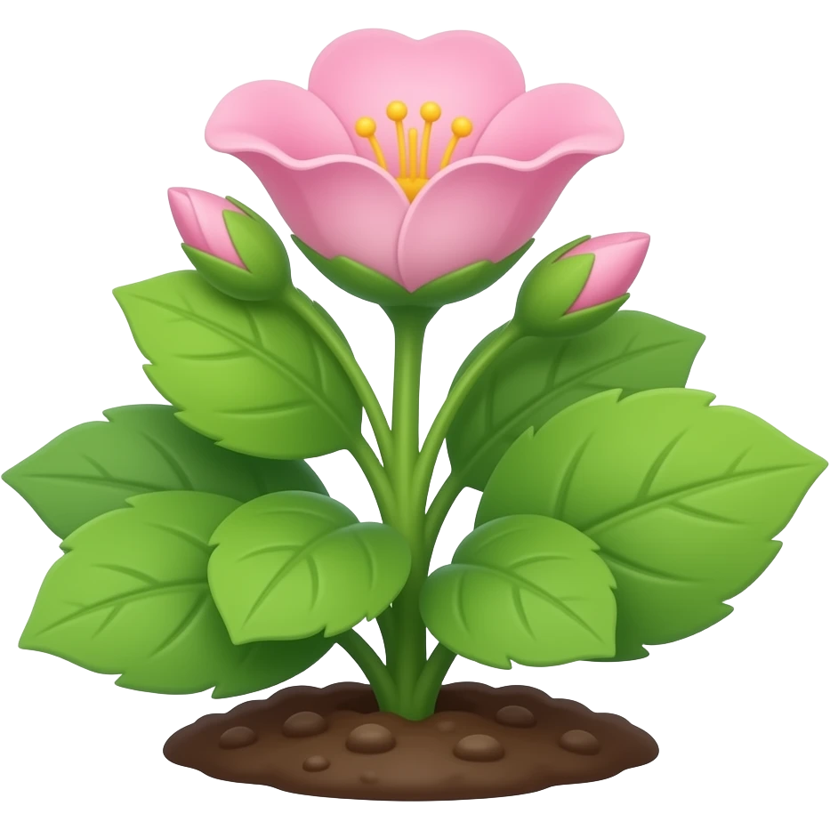 green plant from the ground with leafs And Pink flowers blooming emoji