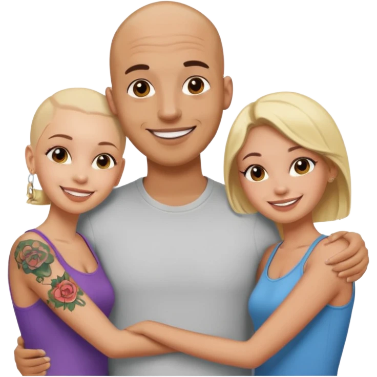 throuple tatted bald boyfriend with blonde girl friend and brunette girlfriend emoji
