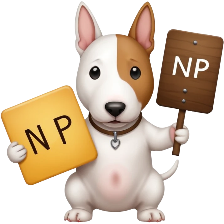 bull terrier dog holding a sign that says "NP" emoji