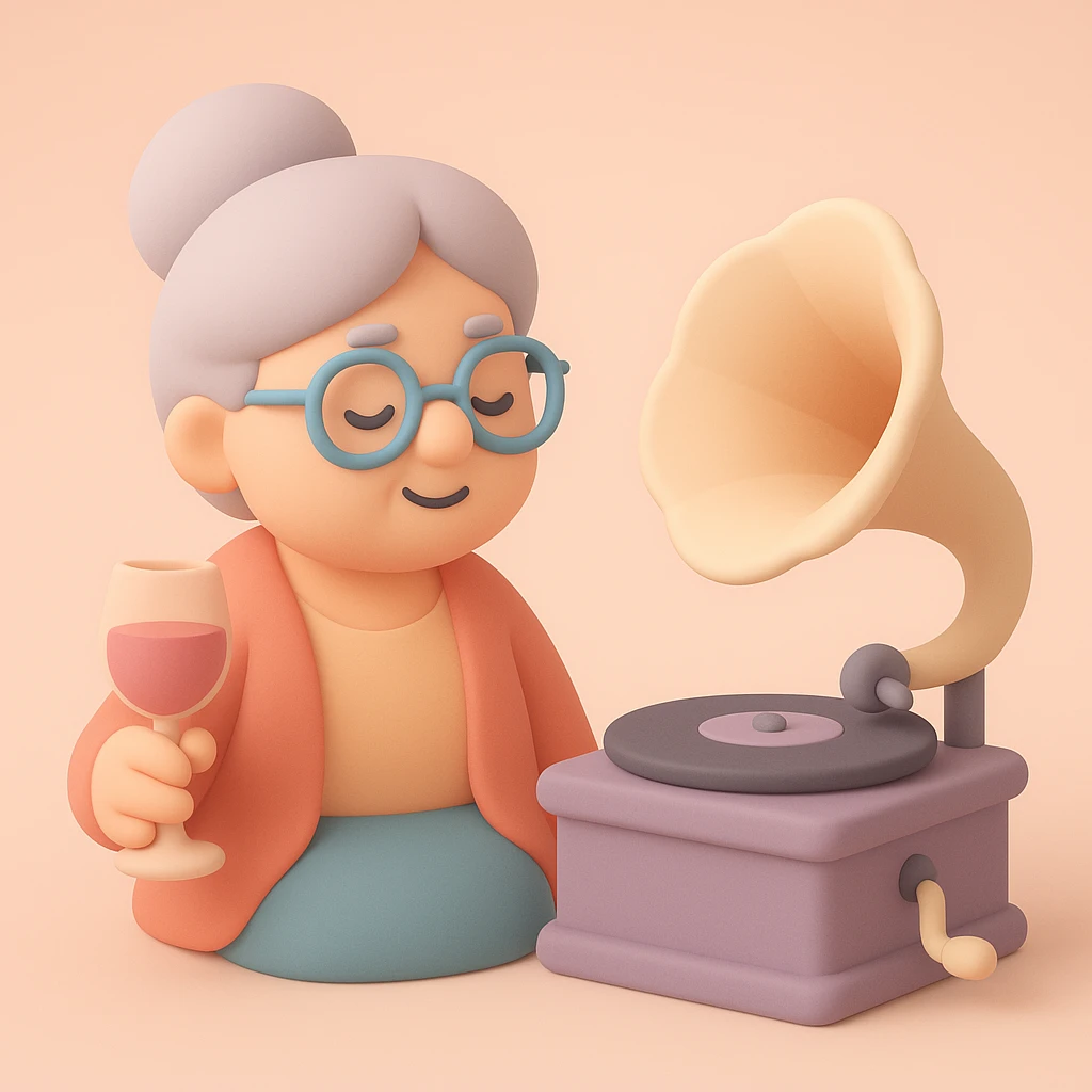 old lady with wineglass listening to gramophone emoji