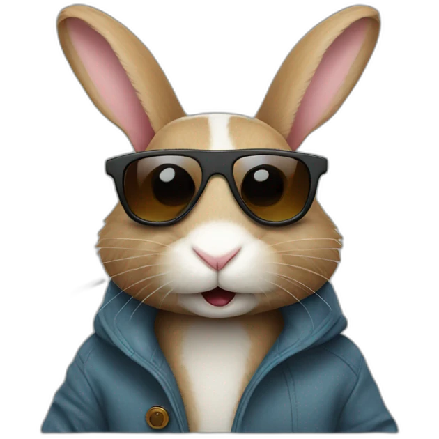 Rabbit with sunglasses and wearing a coat with rabbit in his mouth emoji