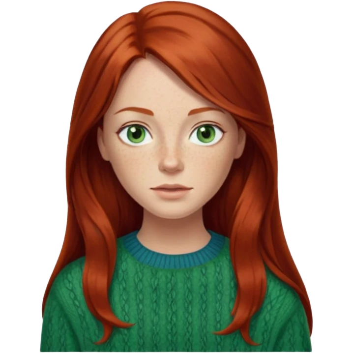 woman with long dark auburn red hair that is mostly straight but has slight waves to it. grey blue eyes. some freckles. wearing a Swedish style sweater that is green.  emoji