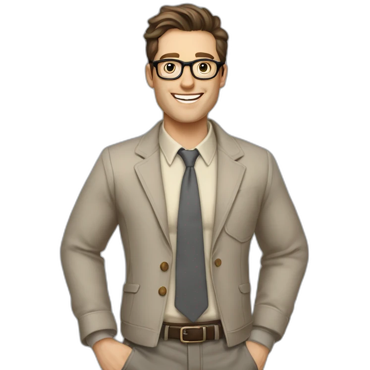 Joyful Pale skinned Fit Man With dark brown hair in gray jacket, beige office shirt, Brown pants and vintage glasses. His thrumbs up emoji