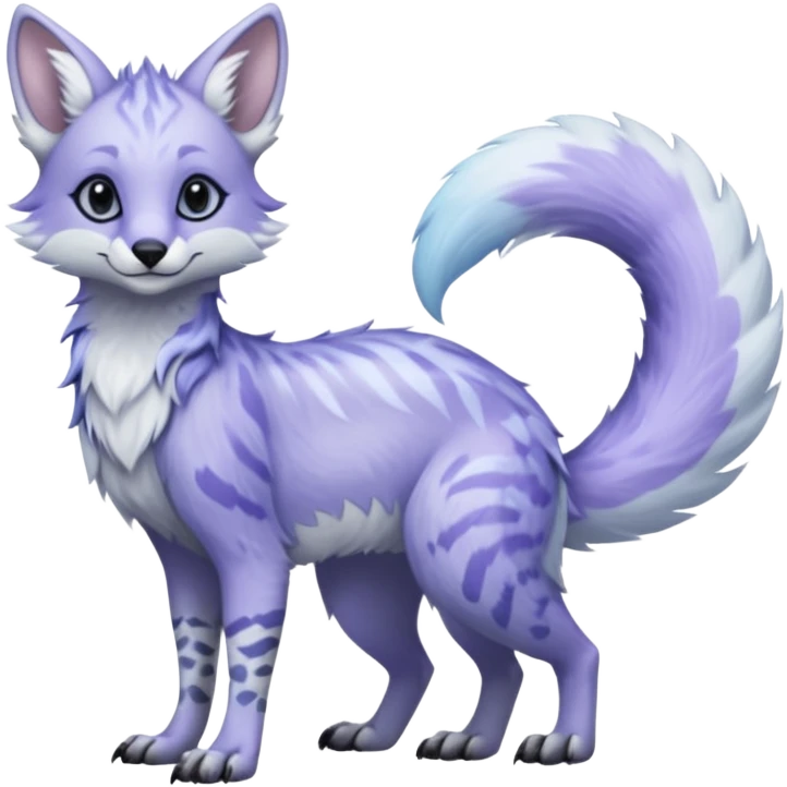 Feral Rare Fantasy   pale frost-lavender fur with shimmering icy highlights Vernid-Sergal-Genet-Trico-species by LiLaiRa, random markings, tufted tail, tufted ears, full body emoji