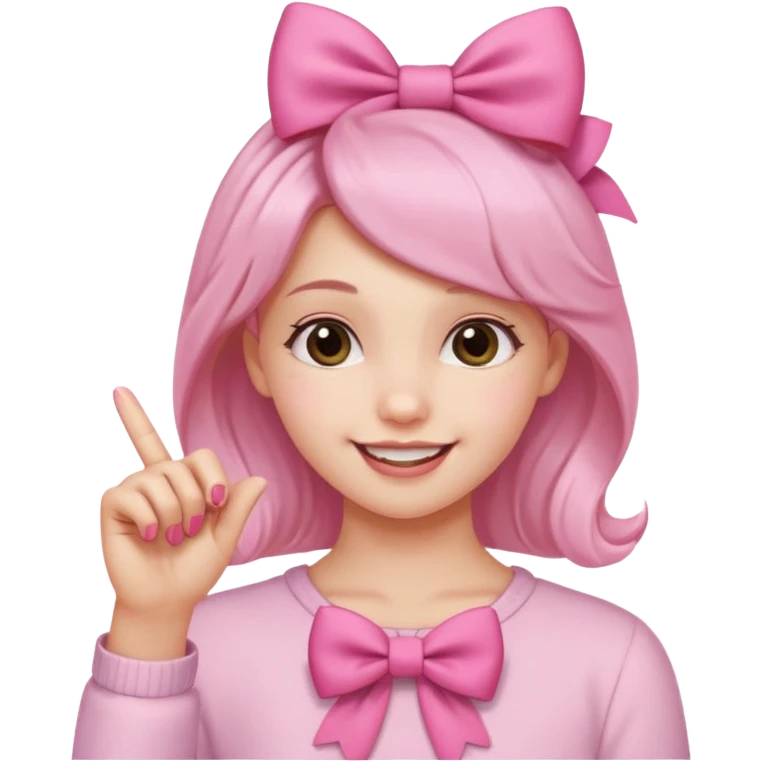 Chica sonriendo con un lazo rosa en la cabeza y mordiendose la punta del dedo indice con delicadeza y la otra mano que no salga emoji
