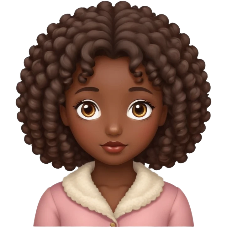 Parda, cabelo cacheado e volumoso, olhos grandes e puxados, bochechas rosadas, rosto inocente  emoji