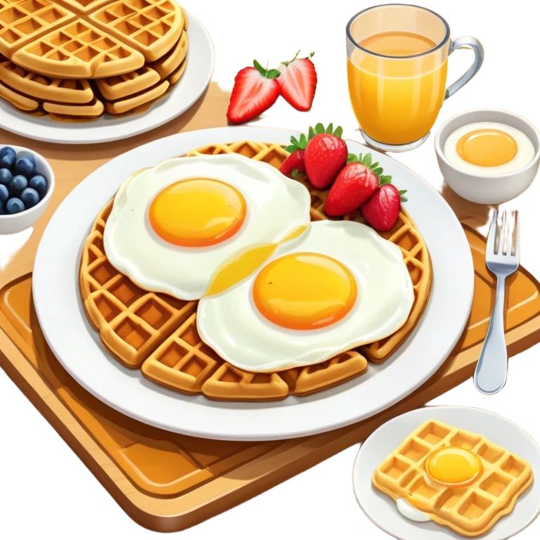 Brunch spread with waffles, eggs, and fruit on a table emoji