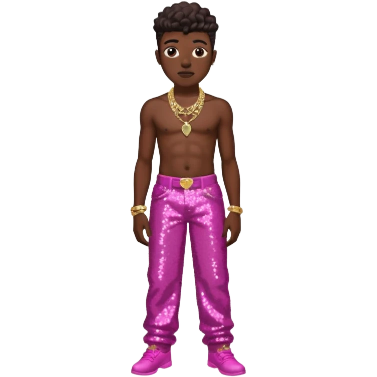 Lil Nas X with dark pink sequin baggy pants, shirtless with necklace emoji
