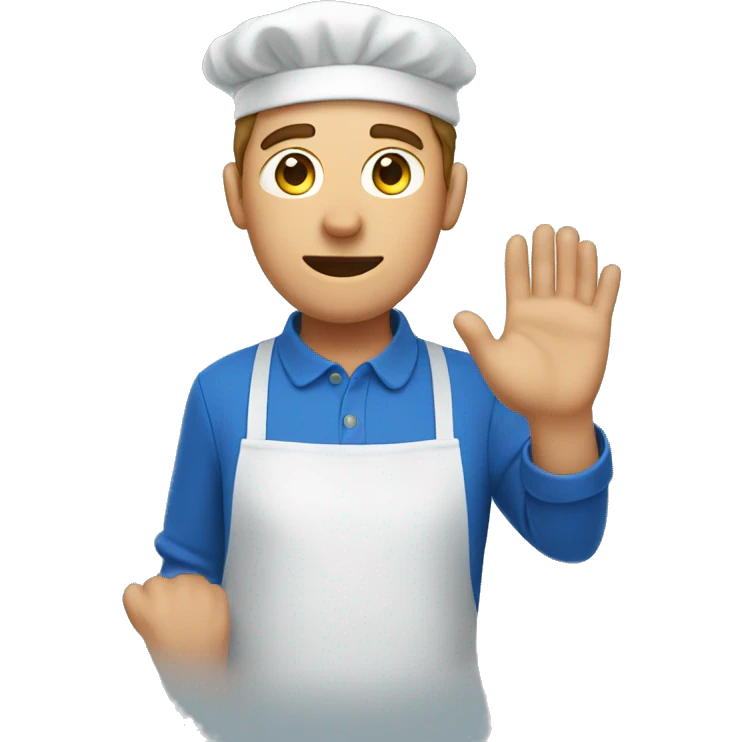 a guy in a blue apron covers his face with his hand emoji