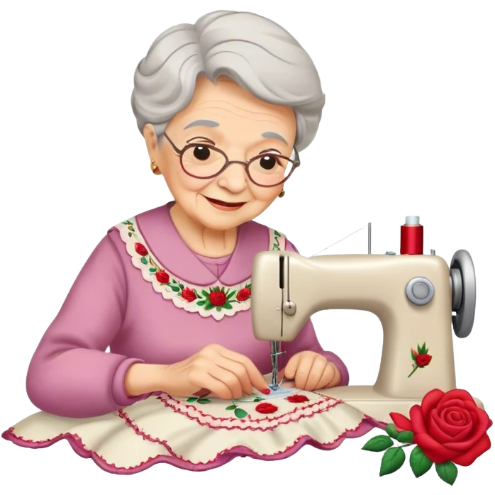 Elderly grandmother happily sewing rose embroidery, focused, peaceful, smiling, content emoji