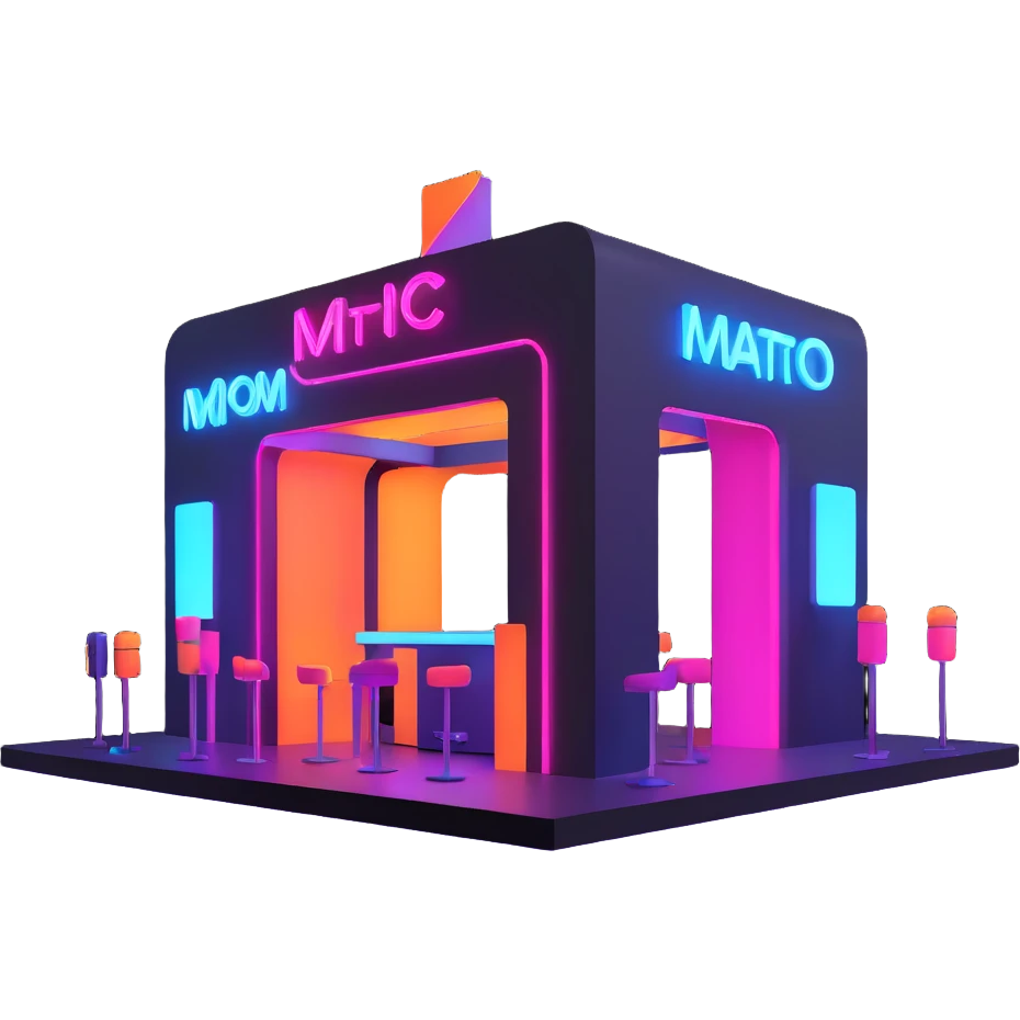 3D festival booth, neon lights, modern design, sleek and futuristic, vibrant crowd emoji
