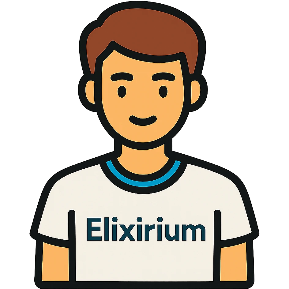 young man wearing white t-shirt with the word 'Elixirium' written on the t-shirt, colorful outline icon style emoji