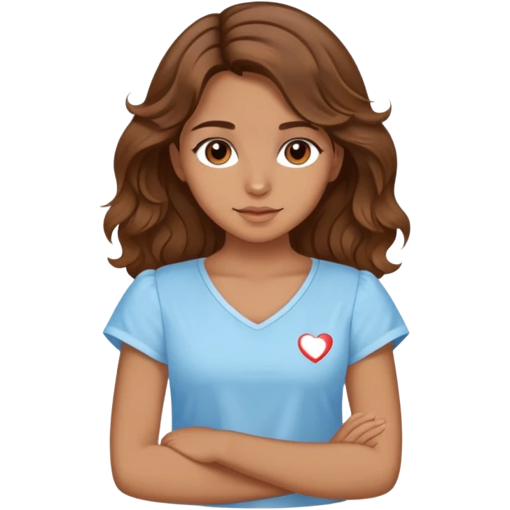 Uma menina de cabelos castanha andulado,de olhos castanha,cor da pele parda com uma blusa azul bebê inscrito "I love myself" emoji