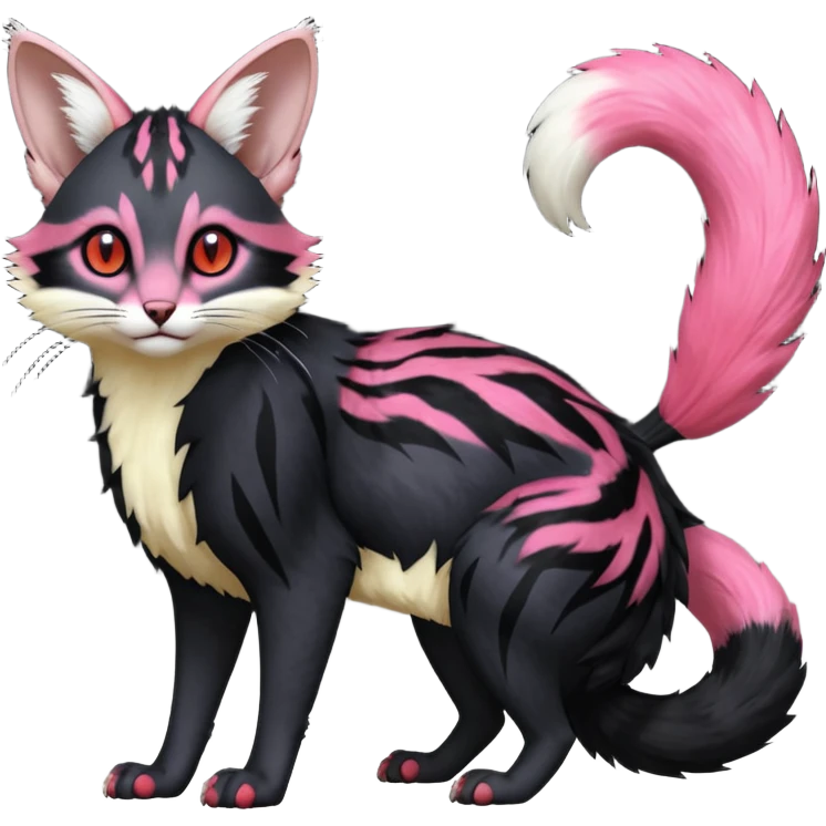 Hyper realistic  void-black fur haunted by crimson neon pulse-lines like living circuitry beautiful elegant pretty precious cute  Fakémon-Pokémon-opossum-feline-serval-caracal-chinchilla-Furret-Minccino-hybrid-creature with a big fluffy bushy tail (full body) emoji