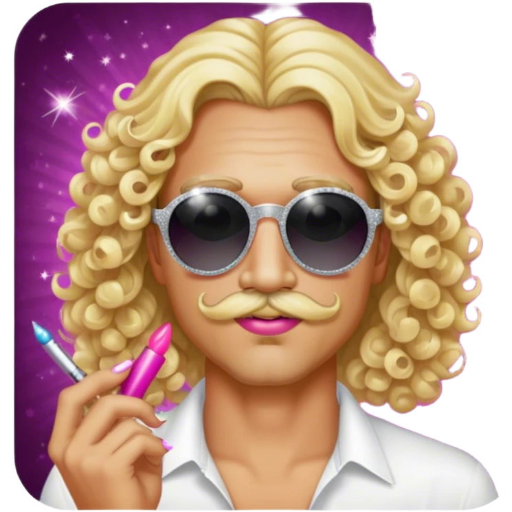 Man with long straight blonde hair, a curly blonde mustache, round sunglasses, add makeup and lipstick, make him look hot add sparkles and nail polish hot emoji