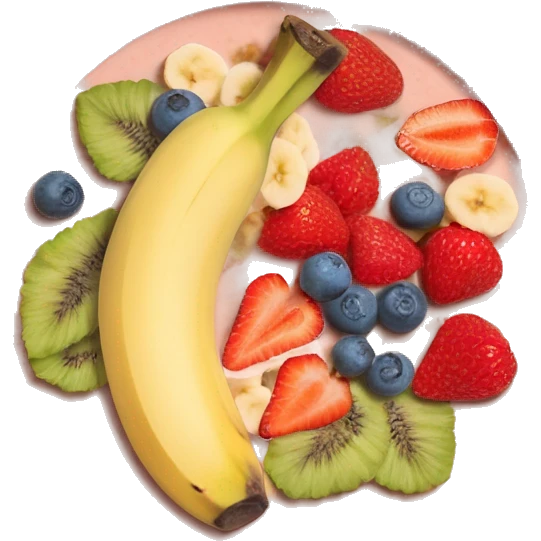 A smoothie bowl with banana strawberry Goji berry honey with the logo the hut on it￼ emoji