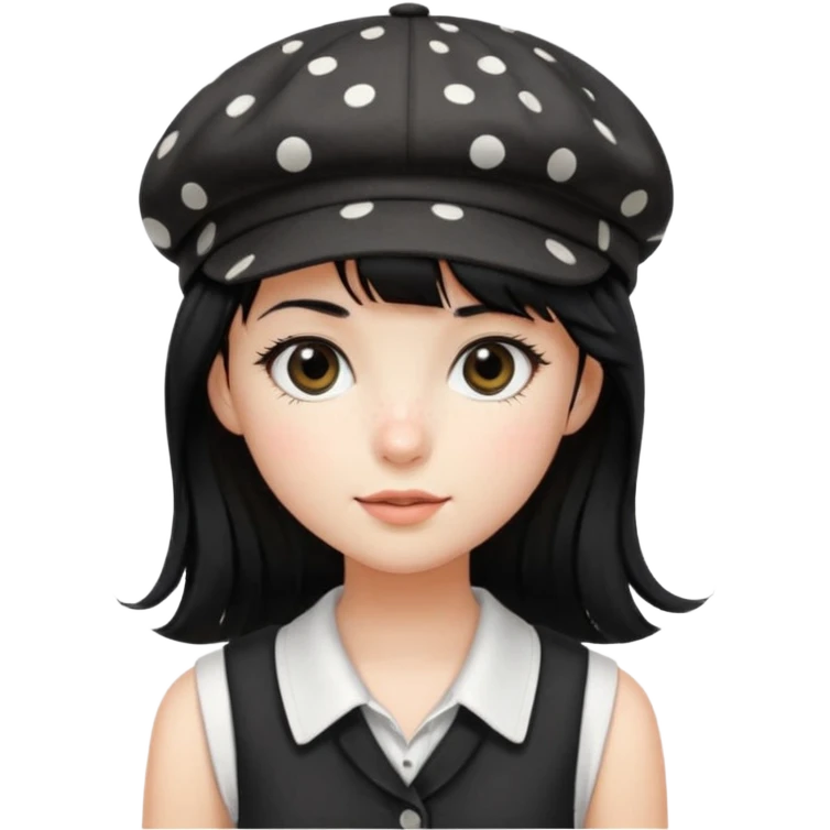 pinterst girl with heavy bang, black long strait hair and black pica dot newsboy cap on her hat, wearing white sleeveless  emoji
