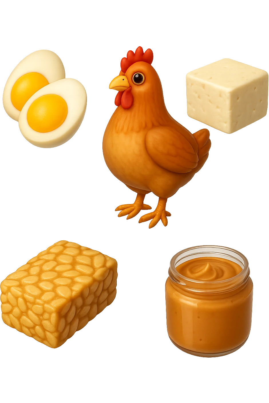 EMOJI STILE IPHONE DI
 uova, pollo, tofu, tempeh, burro di arachidi
, fluttuano in aria REALISTICA 4K emoji