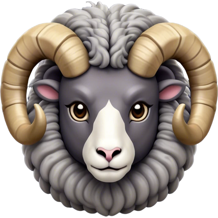 Cinematic Noble Ram Portrait Emoji, Poised and regal, with a sturdy, powerful build and a thick, woolly grey fur adorned with impressively curled horns, deep-set soulful dark eyes, Simplified yet sharp and sophisticated features, highly detailed, glowing with a soft, dignified glow, high shine, intelligent and commanding, stylized with an air of rugged majesty, focused and attentive, soft glowing outline, capturing the essence of a watchful and confident ram, so majestic it feels as though it could charge out of the screen with effortless authority! emoji