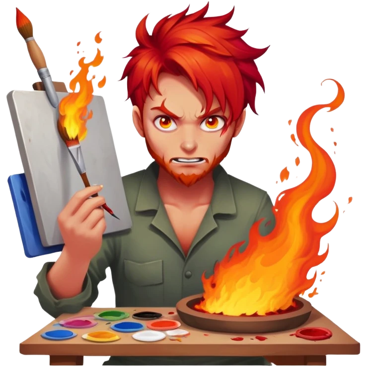 demon artist with wild fiery hair painting chaotic art in hellscape emoji