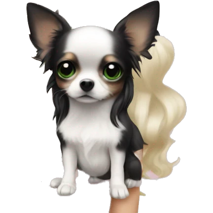 pale blonde girl with long platinum white wavy hair with bright green eyes and wearing a light pink hair bow holding a black and white long haired chihuahua puppy also wearing a hair bow emoji