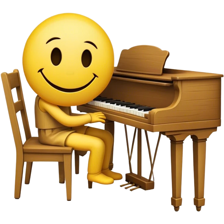 A thoughtful, disembodied smiley sits on a chair and plays the piano.  emoji