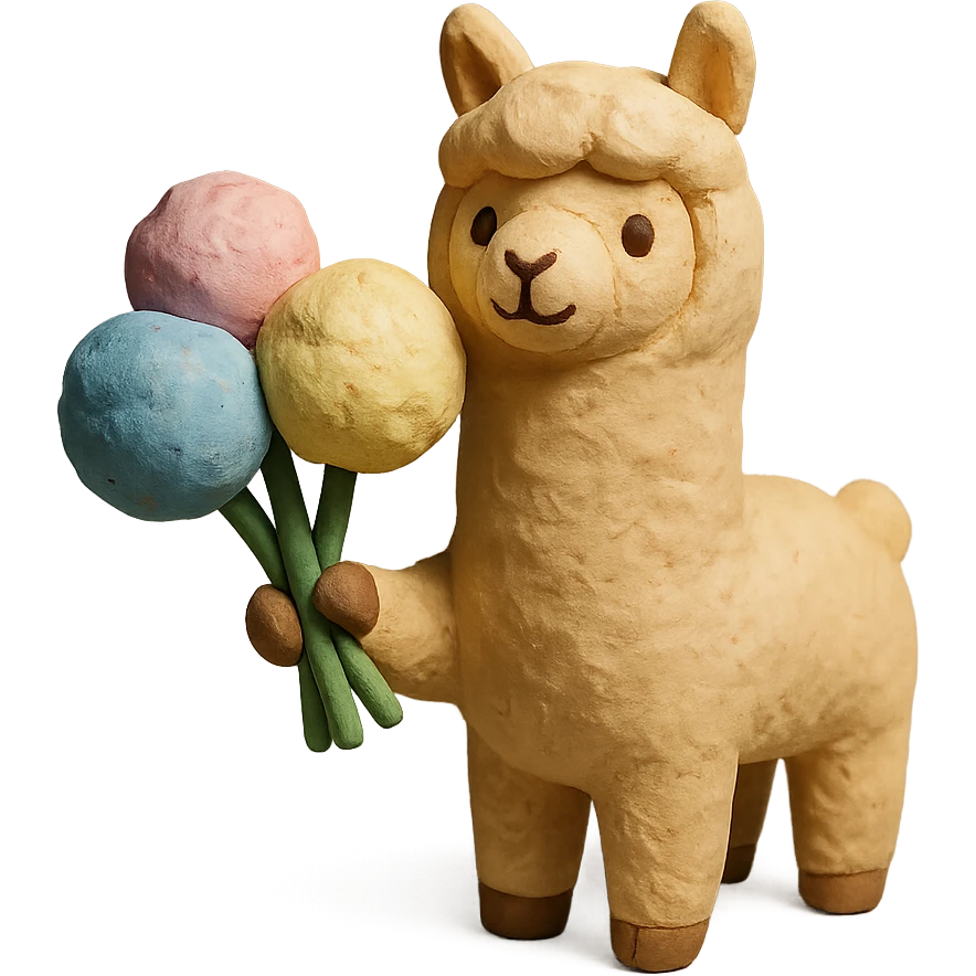 alpaca holding cotton candy bouquet in claymation style emoji