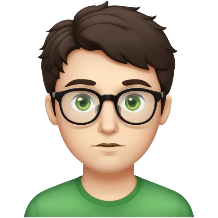 Young man with slightly curled dark brown poofy hair, green eyes wearing glasses, wide face with eyes set apart, bigger ears, pale skin, slightly bigger nose, fuller darker lips, and very light stubble emoji