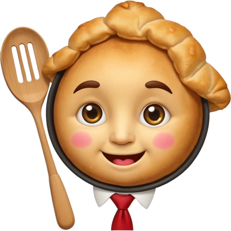 emoji style, happy fried empanada with face, big sparkling eyes, blushing cheeks, two buck teeth, red necktie, holding spatula, thick black outline, golden brown color, very cute and wholesome, transparent background emoji