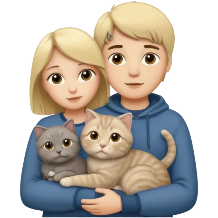 Blonde girl and brunette boy hugging one grey scottish fold cat emoji