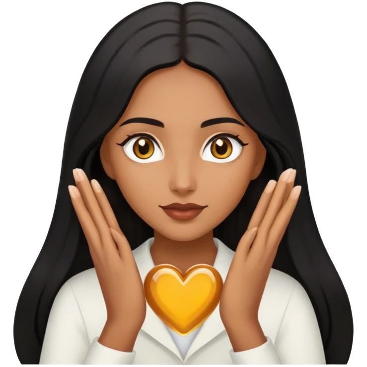 I want you to design for me a brown-skinned character with long black hair and honey-colored eyes, and she can make a heart-shaped head with her hands. emoji