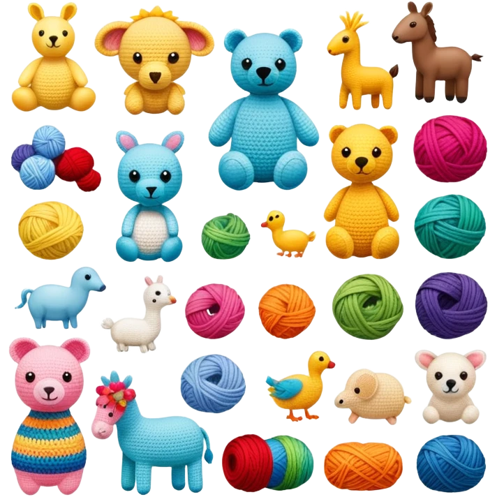 colorful yarn crochet toys and animals emoji