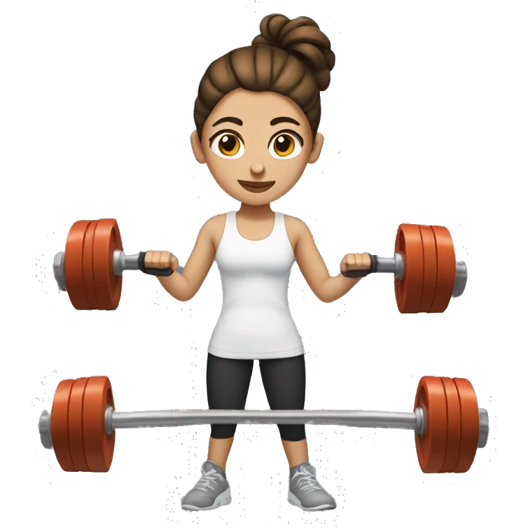 Brown haired girl with messy bun lifting dumbells emoji