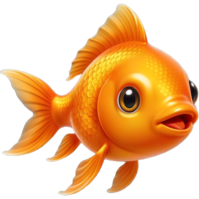 Cinematic Cute Orange Goldfish Portrait Emoji, Head tilted playfully and inquisitively, featuring a glossy, vibrant orange body with delicate, flowing fins, round, sparkling golden eyes filled with curiosity, Simplified yet irresistibly adorable features, highly detailed, glowing with a warm, friendly glow, high shine, affectionate and lively, stylized with a touch of whimsy, bright and endearing, soft glowing outline, capturing the essence of a mischievous yet loving goldfish, so playful it feels like it could swim out of the screen and into your heart! emoji