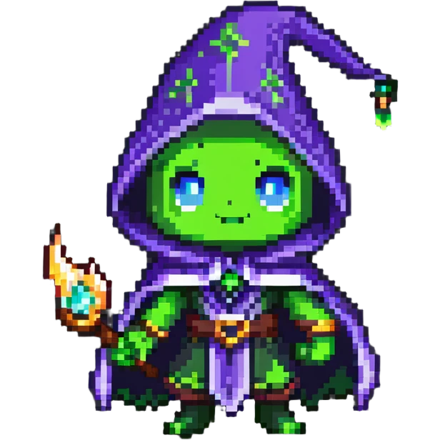 chibi Rubick from Dota 2, casting a spell, cute expressive face, pixel art style, standing, transparent background, 512x512 emoji