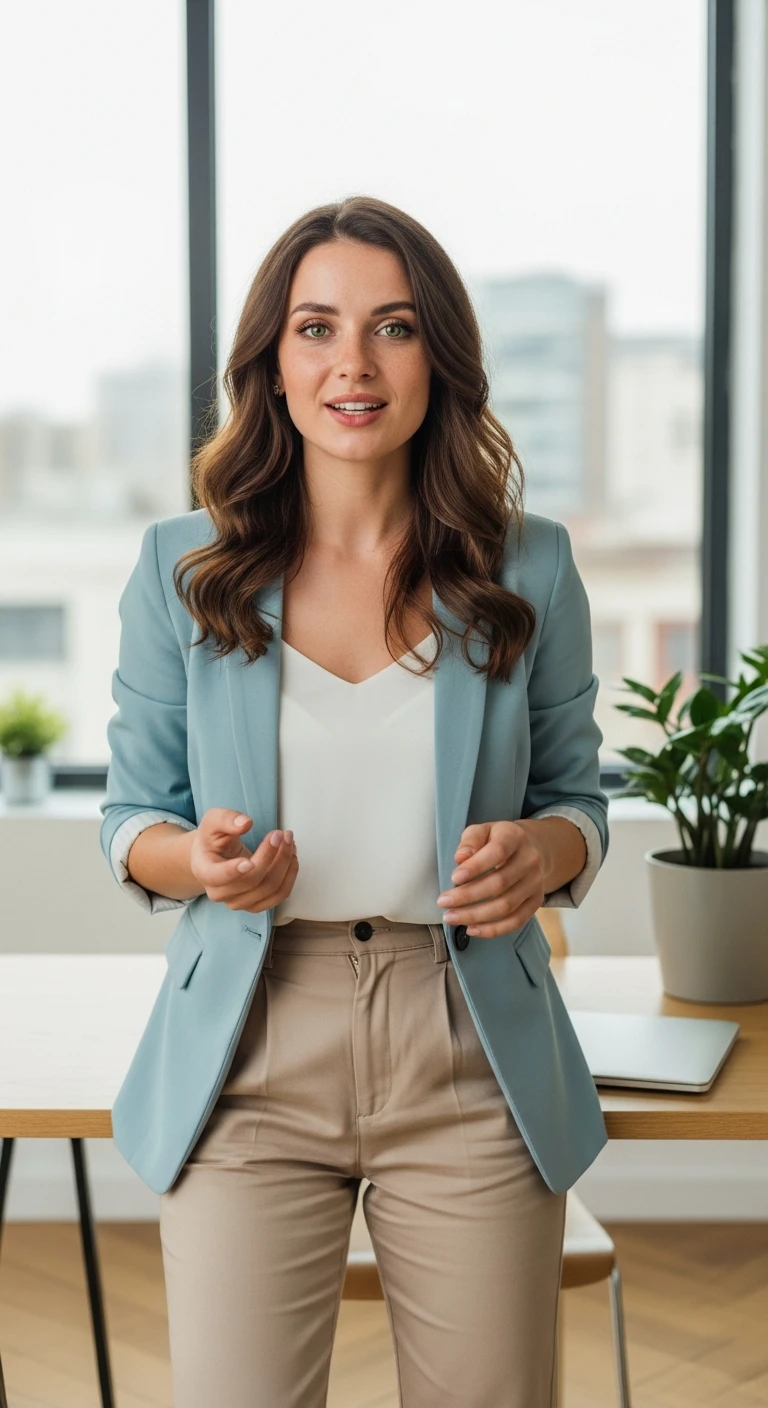 я создаю ИИ блогера, сгенерируй очень красивую девушку в полный рост (должно быть видео ее лицо и тело) emoji