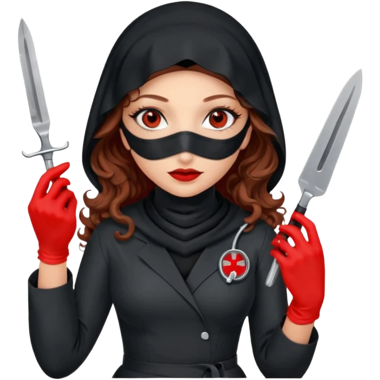 


Scary woman scalpel in hand, evil surgeon sexy surgeon clothes.  She has redcolored  eyes. Her  hair only is free ne brown long curly hair. Wears sexy doctor outfit with red gloves. make her wear full Muslim burka to mask and nose mouth mask  to hide. Wears white surgeon coat, wears  stilettos emoji