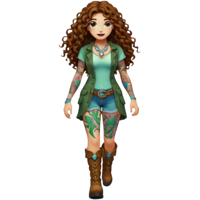full body view of a woman with long curly brown hair, brown eyes, white skin, tattoos, walking forward through psychedelic fog, glowing vines wrapping around her boots emoji