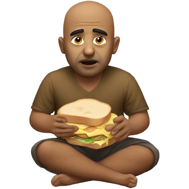 an indian guy, eating a sandwich, and crying, and he's short, dwarf, with eggs on his bald heap emoji