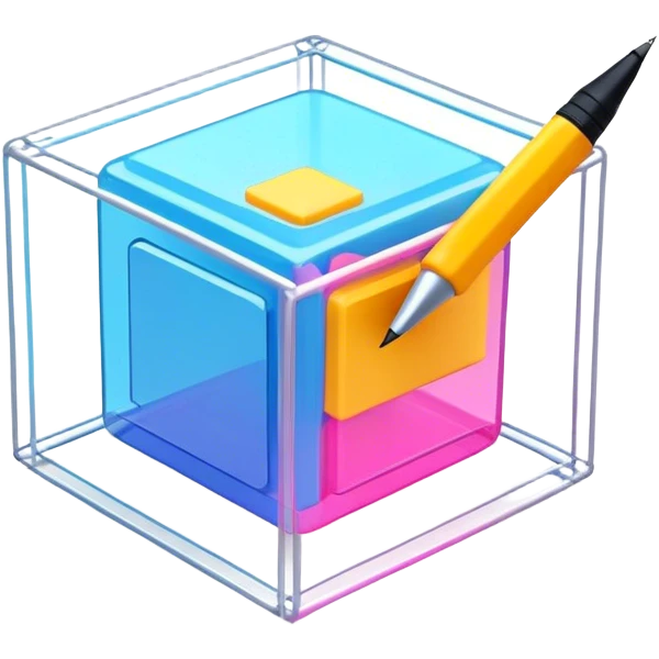 Create an emoji for 3D visualization and modeling. Show a 3D wireframe model or shape (e.g., a cube or sphere) with a design tool like a stylus and 3D rendering software interface. Use modern, professional colors. Do not include any emojis or smiley faces. Make the background transparent. emoji