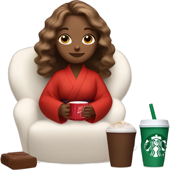 a girl with light brown hair and a beautiful dyson hairstyle is sitting in a red silk robe with her eyes closed and with a white Starbucks cup with cocoa at her mouth and drinking emoji