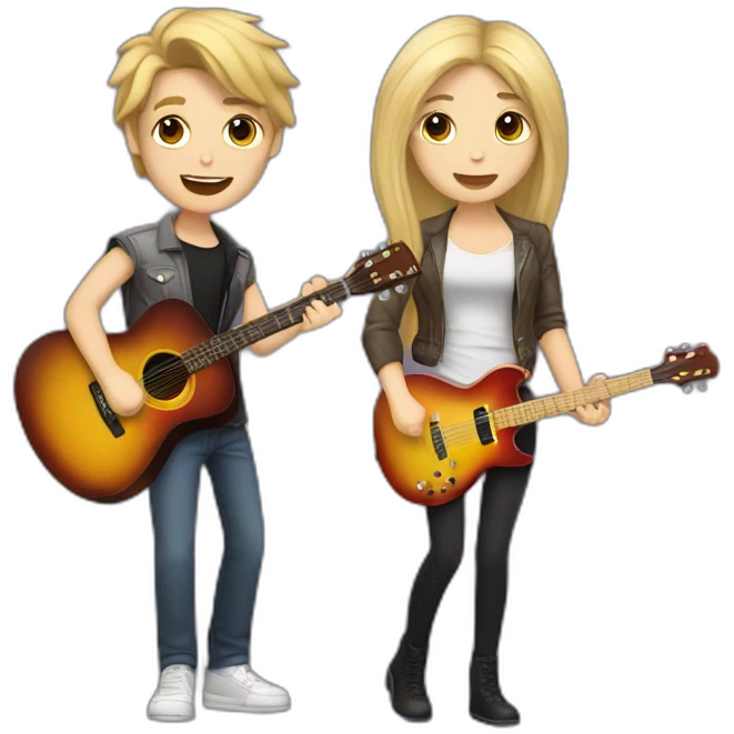 Singer girl with dark hair and blonde guitar player boy. Couple emoji