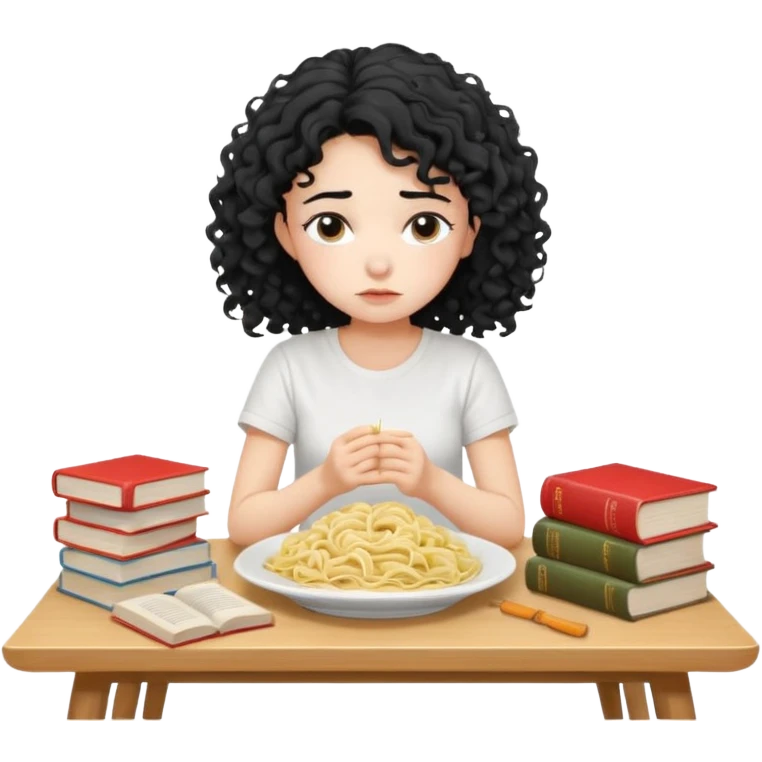 generate a pretty bratz fair skinned girl with curly black hair wearing a white tshirt sitting on a table with noodles and books. looking sleepy and tired and sad emoji
