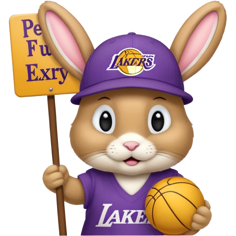 A tanish bunny with a Lakers hat and a sign that says "peewee" emoji
